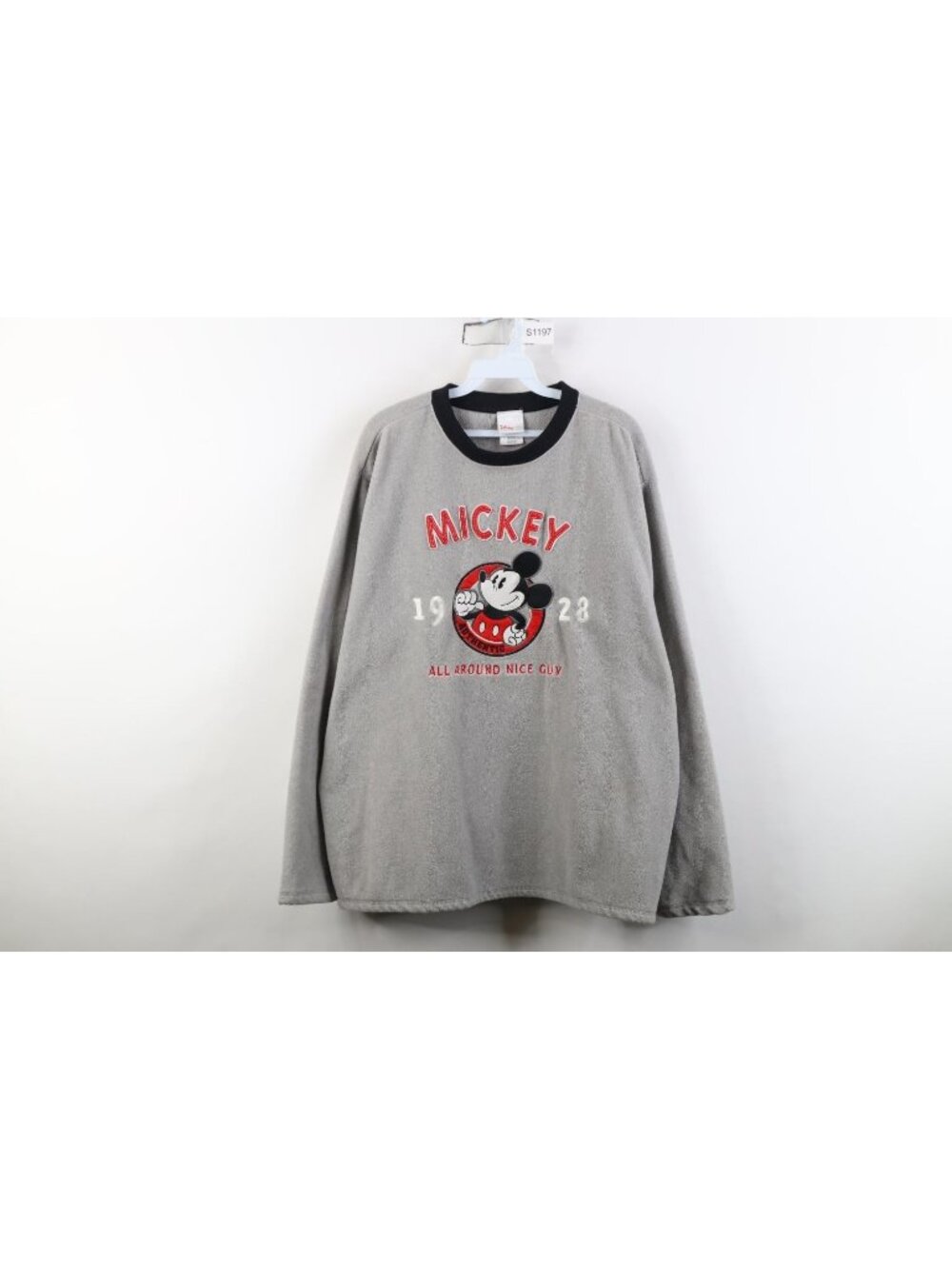 Vtg 90s Disney Mens Large Mickey Mouse All Around Nice Guy Fleece Sweater Gray